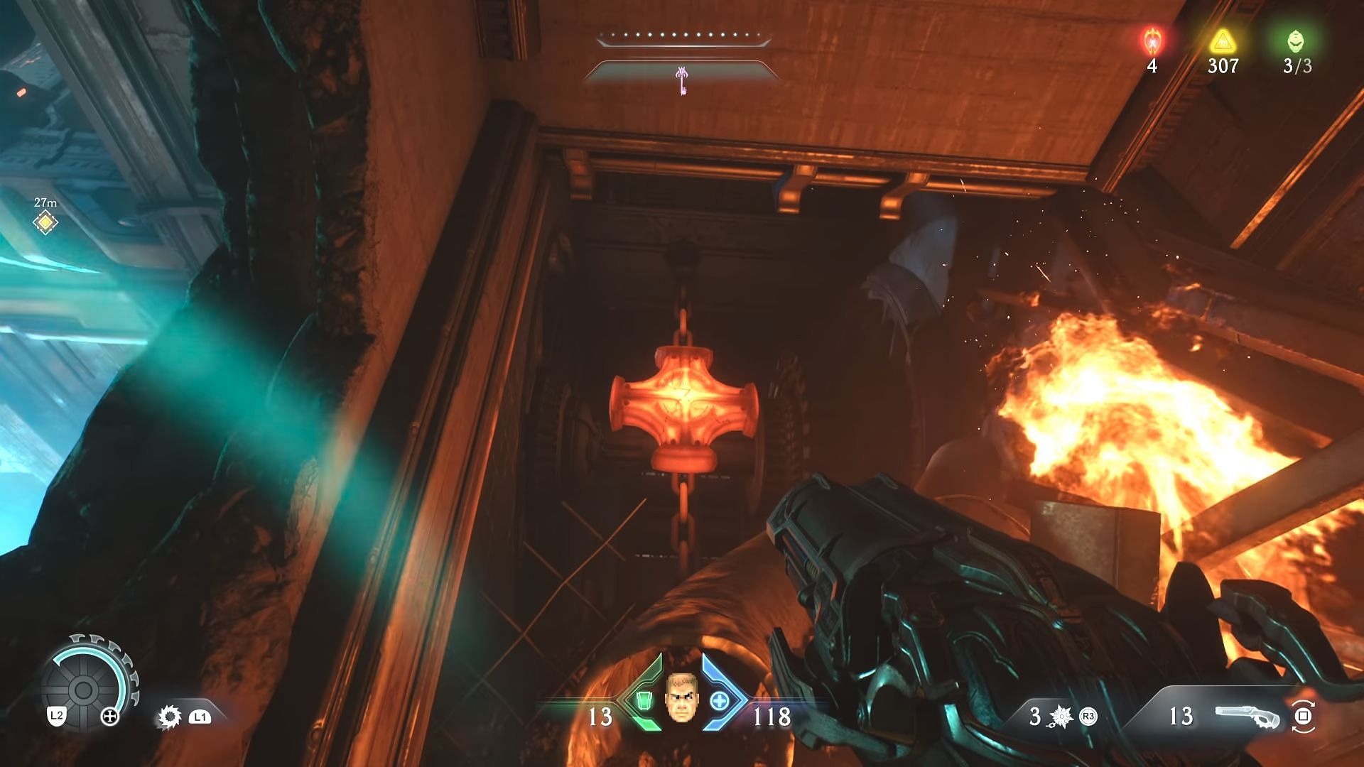 The metal cross that brings the lift down in Siege - Part 2 (Image via Sportskeeda Gaming || Bethesda Softworks)